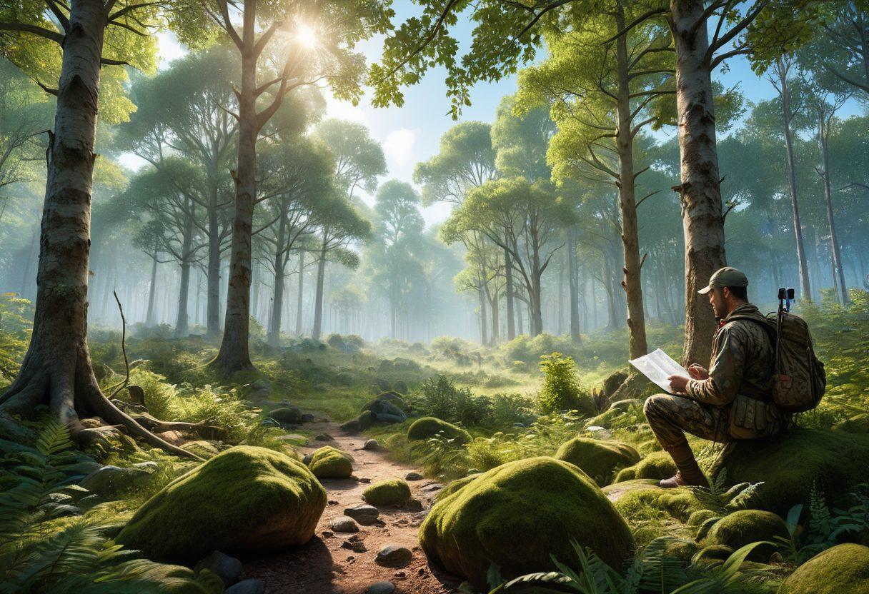 A serene landscape featuring a dense forest with towering trees, a clear blue sky, and a wandering hunter in camouflage gear examining a map. Include elements like a rustic cabin in the background, hunting gear scattered on the ground, and wild animals subtly in the scene. Capture the essence of adventure and exploration in nature. super-realistic. vibrant colors. 3D.