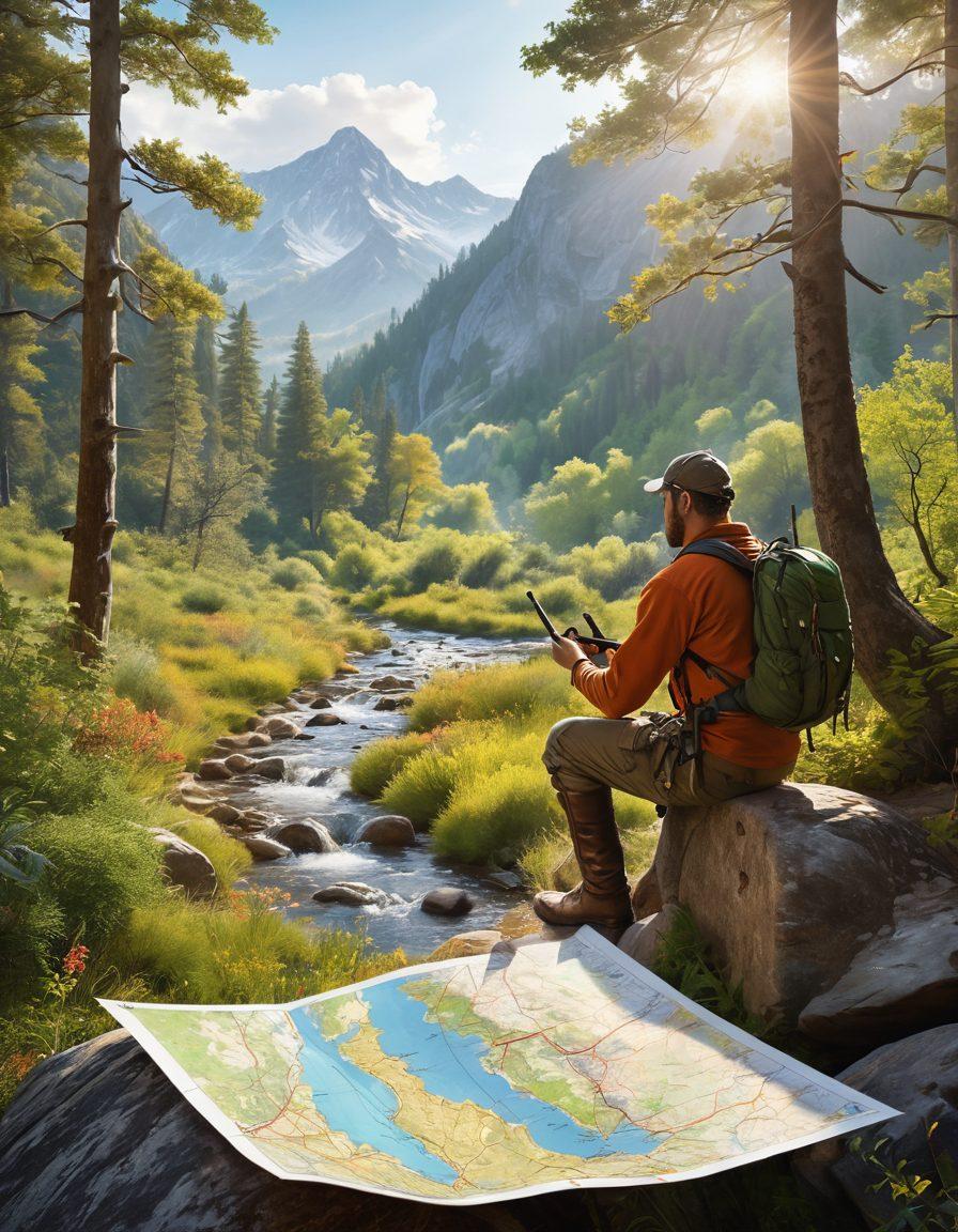 A captivating landscape featuring a hunter on a picturesque trail, surrounded by lush greenery and towering mountains, holding gear in one hand and reading a map in the other. Soft sunlight filters through the trees, illuminating the scene with warmth and adventure. In the background, hints of wildlife peek through the foliage, adding depth to the outdoor experience. The overall feeling is one of exploration and connection with nature. super-realistic. vibrant colors. scenic backdrop.
