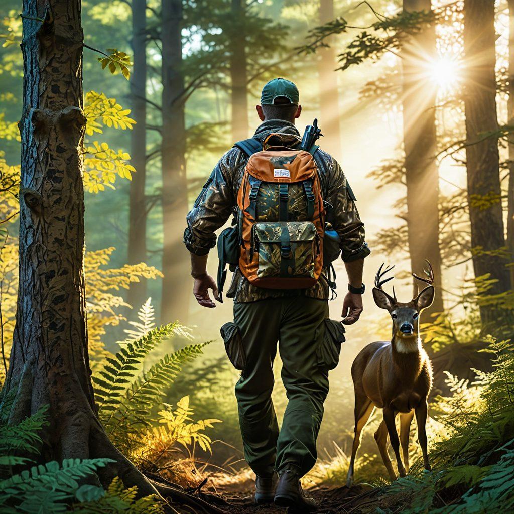 A breathtaking wilderness scene showcasing a seasoned hunter skillfully tracking a deer through a sun-dappled forest. Include a detailed backpack equipped with hunting gear, earthy tones of the forest floor, and vibrant wildlife in the background. Enhance the atmosphere with soft rays of sunlight filtering through the trees, evoking a sense of adventure and mastery in nature. super-realistic. vibrant colors. natural lighting.